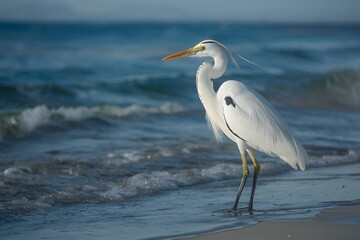 White heron egret on Baja California Sur beach, Cherritos photo - obrazy, fototapety, plakaty
