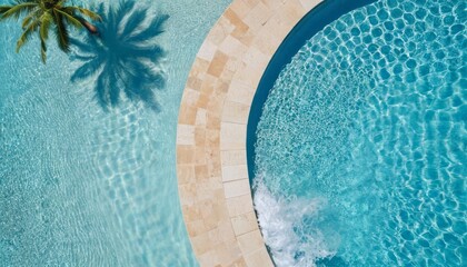 Fototapeta na wymiar Aqua waves and coconut palm shadow on blue background. Water pool texture top view.
