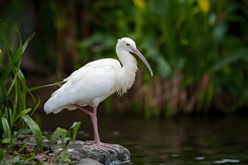 Fototapeta premium White ibis poses gracefully, adding elegance to natural setting