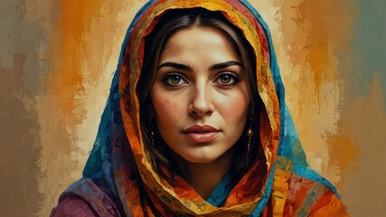 typical traditional iraqi woman abstract portrait oil pallet knife paint painting on canvas with large brush strokes art illustration on plain white background from Generative AI - obrazy, fototapety, plakaty