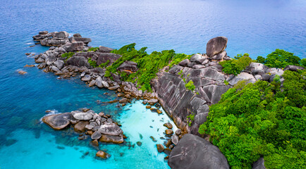 Aerial view of the Similan Islands, Andaman Sea, natural blue waters, tropical sea of Thailand. the beautiful scenery of the island is impressive	