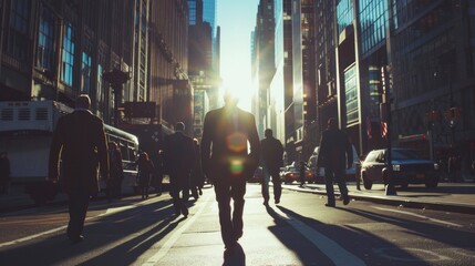 Backlit silhouette of a man walking on a busy city street during sunset, with the warm glow of the...