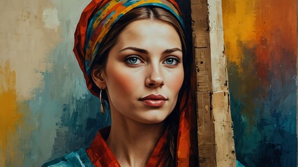 typical traditional lithuanian woman abstract portrait oil pallet knife paint painting on canvas with large brush strokes art illustration on plain white background from Generative AI - obrazy, fototapety, plakaty