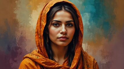 typical traditional pakistani woman abstract portrait oil pallet knife paint painting on canvas with large brush strokes art illustration on plain white background from Generative AI - obrazy, fototapety, plakaty