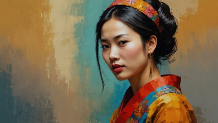 typical traditional taiwanese woman abstract portrait oil pallet knife paint painting on canvas with large brush strokes art illustration on plain white background from Generative AI