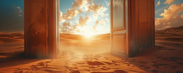 Wooden old door opened in sunn light desert. - obrazy, fototapety, plakaty