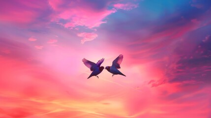 Pastel Sky Romance: Lovebirds Kissing Sunset View
