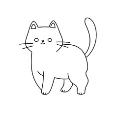 A cat is standing in front of a white background. The cat is looking at the camera with a surprised expression