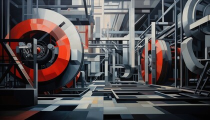 interplay of geometric forms in motion within an industrial setting. The image showcases the dynamic and abstract shapes created by the movement of industrial machinery or equipment
