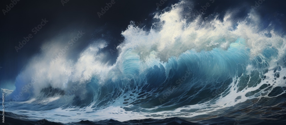 Poster a mesmerizing sight of a massive wave forcefully crashing and creating splashes in the vast ocean