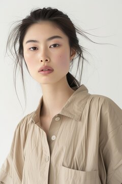 Close-up of a Japanese Super Model in a Minimalist Button-Up Dress and Sandals, displaying effortless chicness with a serene gaze photo on white isolated background