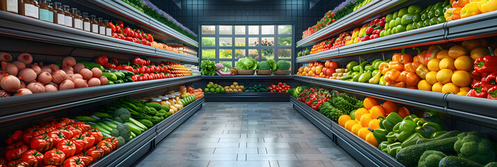 Supermarket Aisle with Fresh Vegetables on the Shelves,
Enigmatic Harvest Blurred Supermarket Scene of Fresh Produce  - obrazy, fototapety, plakaty