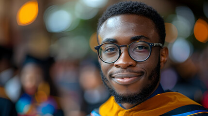 Confident Young Graduate in Glasses Celebrating Achievement; Inspirational Education Story; Suitable for University Marketing, Scholarship Ads, Success Story Features, Copy Space