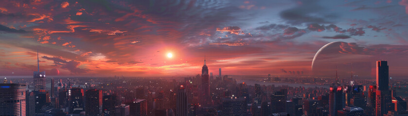 A city skyline with a large red sun in the sky. The sun is positioned above the city and is surrounded by a few clouds. The sky is a mix of orange and pink hues, creating a warm