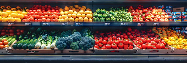 Supermarket Aisle with Fresh Vegetables on the Shelves,
Fruits and vegetables in the refrigerated shelf of a supermarket - obrazy, fototapety, plakaty