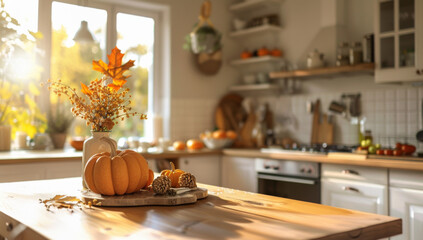 Autumn kitchen interior with wooden table, pumpkins and autumn leaves on the background of cozy warm modern home