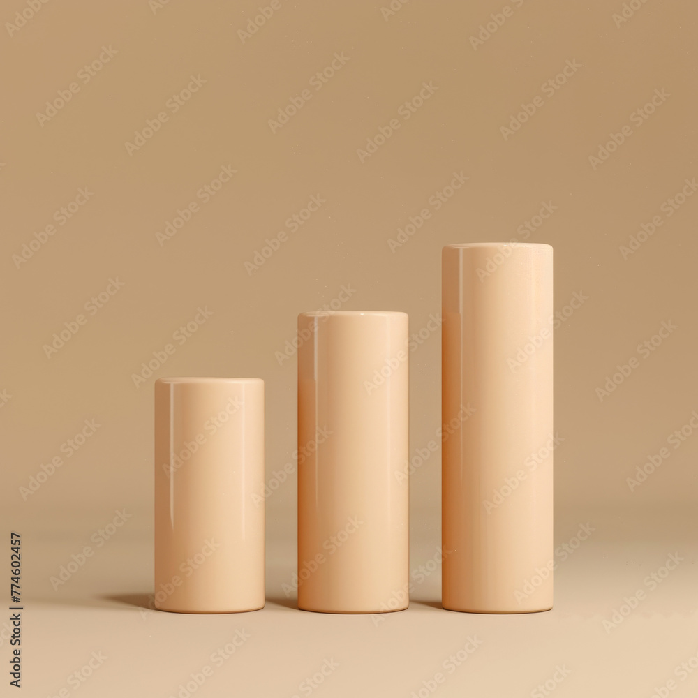 Poster Three tall, thin, white cylinders are arranged in a row on a tan background. The cylinders are all the same height, but they are different in width