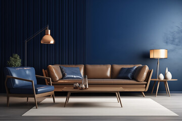 Blue and brown living room interior with midcentury modern furniture dark blue walls and stylish decorations