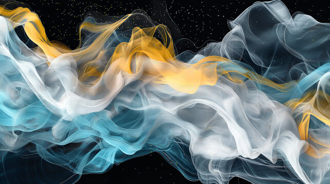 3D render Pastel blue and yellow liquid flowing in the air on a black background