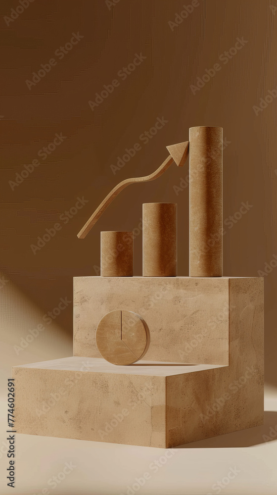 Poster a brown sculpture of three cylinders and a clock with a small arrow pointing upwards