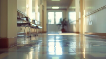 A quiet hospital corridor bathed in soft sunlight, suggesting a calm moment in a healthcare facility, suitable for medical brochures or healthcare websites. - obrazy, fototapety, plakaty