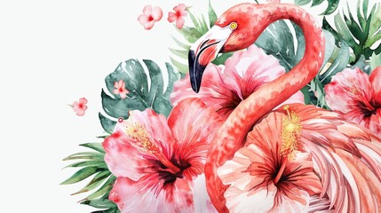 Elegant watercolor illustration of a pink flamingo adorned with tropical hibiscus flowers, capturing a serene yet whimsical nature scene.