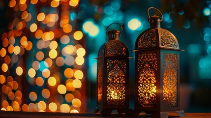 The warm amber glow of ornate lanterns radiates through arabesque cutouts, against a soft-focus light backdrop, suggesting festivity and heritage.