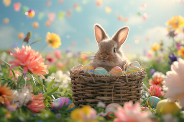 Fototapeta na wymiar Image of a woven basket filled with colorful Easter eggs sitting in a field of flowers. A small and fluffy bunny is sitting in the basket, wearing a bow tie
