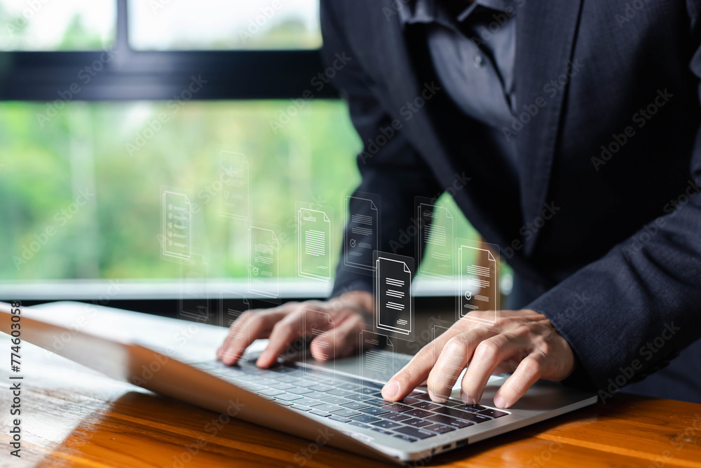 Aufkleber manages data documents digital files electronic on a laptop. concept enterprise resource planning sy
