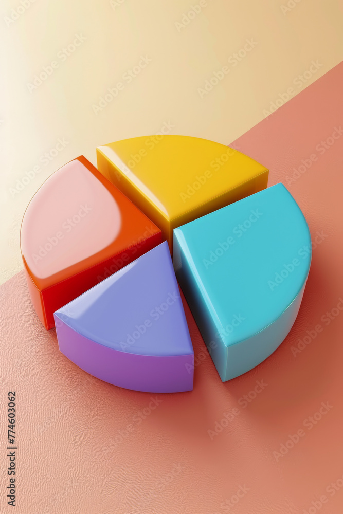 Poster a colorful pie chart is cut into four pieces. the pie chart is made of plastic and is placed on a re