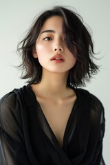 Close-up of a Japanese Super Model in Modern Minimalist Outfit, displaying effortless sophistication with a composed expression photo on white isolated background