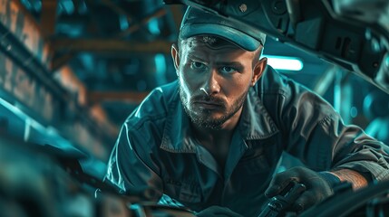 Obraz premium Male car mechanic worker working using wrench tool for repair, maintenance underneath car. Mechanic vehicle service checking under car in garage. copy space.