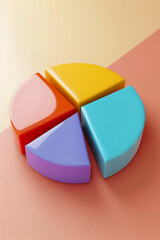 Fototapeta premium A colorful pie chart is cut into four pieces. The pie chart is made of plastic and is placed on a red background