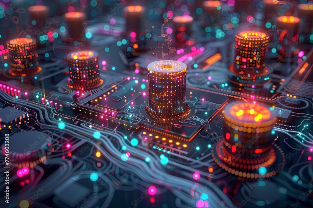 Poster visual depictions of quantum computing applications, such as cryptography, optimization,