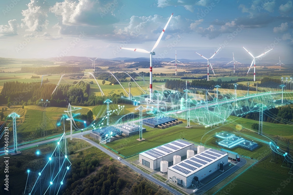 Poster visual depictions of smart energy grids and energy storage systems, optimizing the integration of re