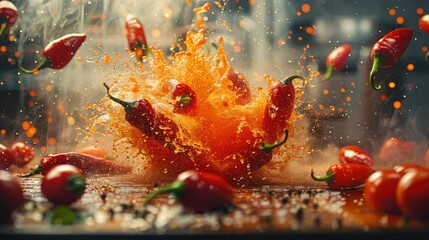 A vivid warning against spicy food for GERD patients, using bold colors and dynamic composition to capture the viewers attention - obrazy, fototapety, plakaty