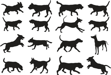 Dog icons for different Breeds.Hunting hound dog silhouettes in editable vector. Foxhound and dogs in multiple poses and positions for designing online games, poster or flyer for media and web. 