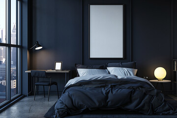 minimalist modern style Black bedroom with less decoration,only working table and bed,