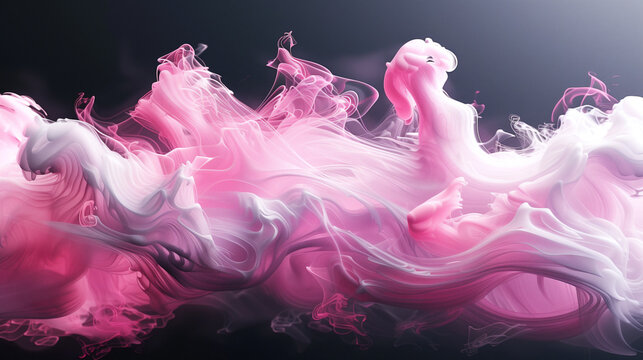 3D render Pastel pink and white liquid flowing in the air on a black background.