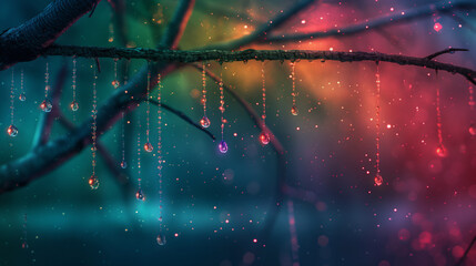 A beautiful tree branch, with some large and small colorful crystal water droplets hanging from the branches of different sizes