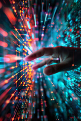Human Hand Reaching Towards a Burst of Fiber Optic Lights Symbolizing Connectivity