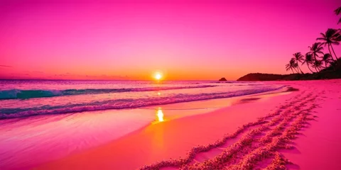 Poster Roze beautiful sunset over a pink sandy beach and ocean. spectacular beach scene, beach travel view background