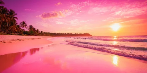 Gordijnen beautiful sunset over a pink sandy beach and ocean. spectacular beach scene, beach travel view background © SANTANU PATRA