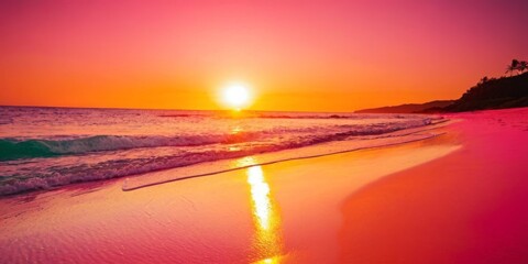 beautiful sunset over a pink sandy beach and ocean. spectacular beach scene, beach travel view background