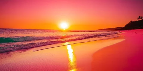 Selbstklebende Fototapeten beautiful sunset over a pink sandy beach and ocean. spectacular beach scene, beach travel view background © SANTANU PATRA