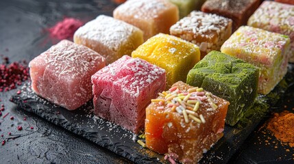 Turkish national sweets at the street shop. Baklava and delights Turkish cusine