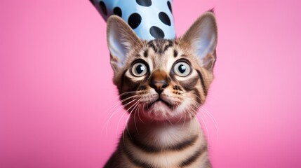 Bengal cat wearing a party hat. Funny cat in a cap celebrates birthday, on pink background. Looking straight to camera. Let's party. Happy birthday. Festive background with balloons - obrazy, fototapety, plakaty