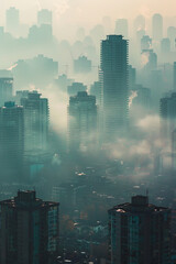 A city skyline with a foggy atmosphere. The buildings are tall and the sky is hazy