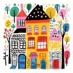 Fototapeta premium House. Colorful wax crayon kids drawing with flowers, house, sun. Hand drawn naive art background. Like child's painting. Childlike drawing. Sweet home.
