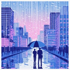 Rain, city urban cityscape rain-kissed evening. City life and umbrella, Naive art, lavender colors, vibrant geometric